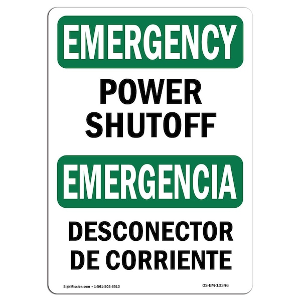 Safety Sign, OSHA EMERGENCY, 3.5" Height, Power Shutoff, Landscape, EM-D-35-L-10346-10PK